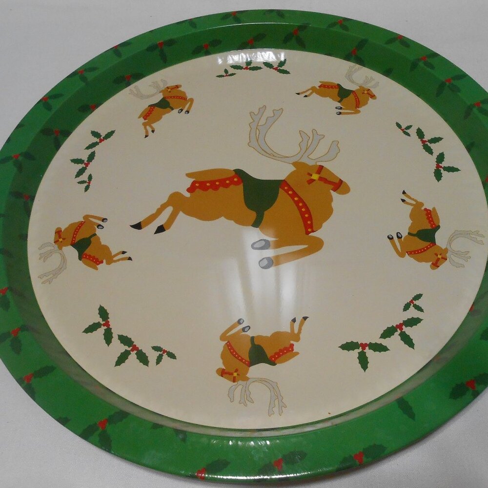 VTG ALBERTSON'S INC. ROUND METAL 12" HOLIDAY SERVING TRAY REINDEER DESIGN EUC 🦌